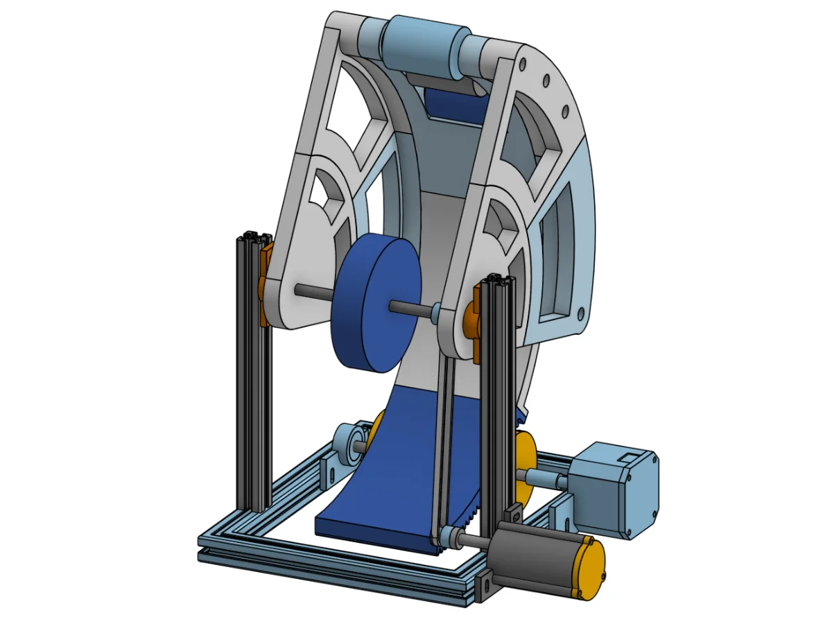 CAD render of the BasketBot flywheel launcher and frame