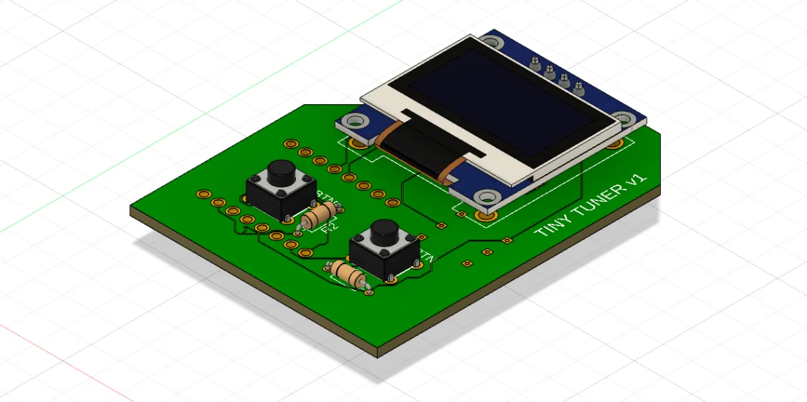 Fusion 360 render of the custom Tiny Tuner PCB with its OLED module and tactile buttons