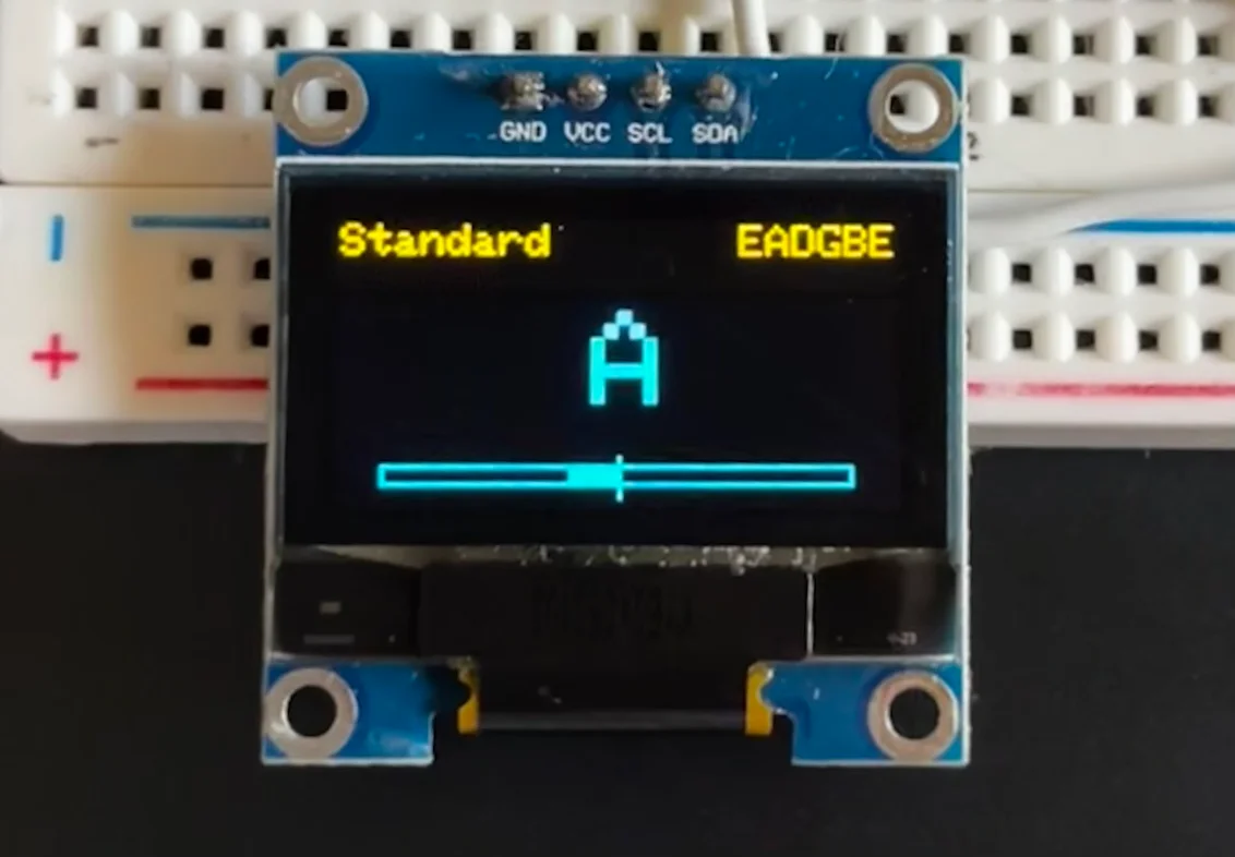 The OLED display showing the tuner interface in standard EADGBE tuning